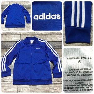 Adidas track jacket kids size 6 blue white 3 stripe full zip